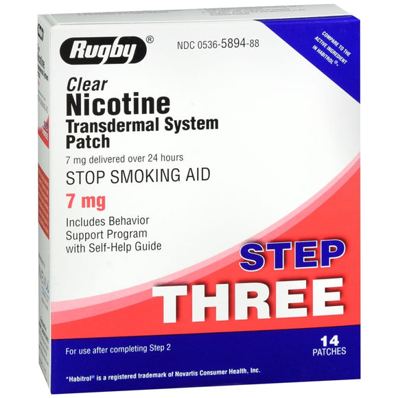 Rugby Nicotine Transdermal System Patches Step Three 7 mg Clear - 14 EA