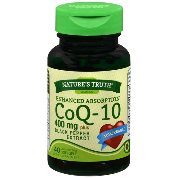 Nature's Truth Enhanced Absorption CoQ-10 400mg Plus Black Pepper Extract Quick Release Softgels 40 EA