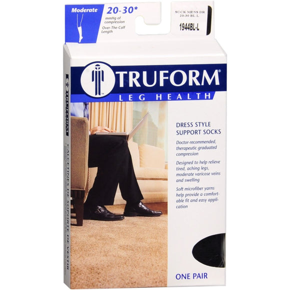TRUFORM Dress Style Support Socks 20-30 mmHg Over-the-Calf Men's Black Large 1944BL-L - 1 PR