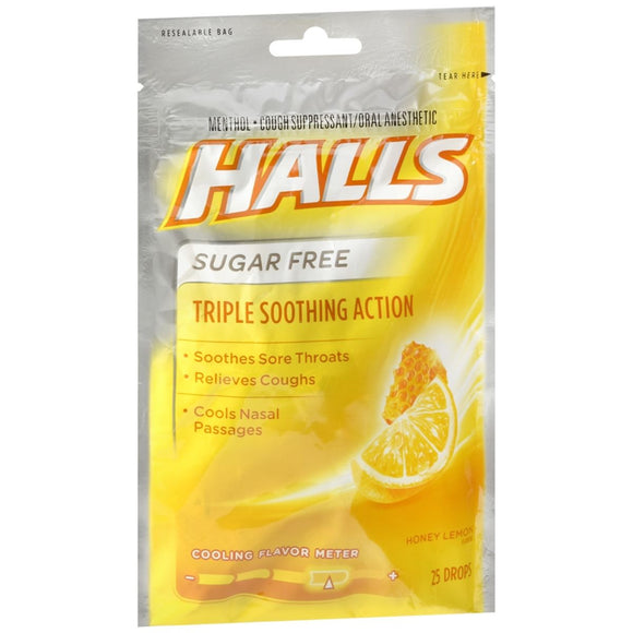Halls Menthol Drops Sugar Free Honey Lemon Flavor - 25 EA