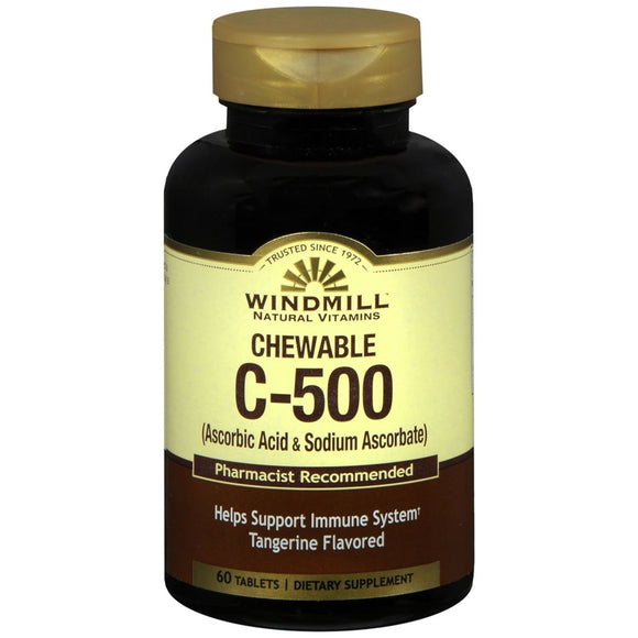 Windmill Chewable C-500 (Ascorbic Acid & Sodium Ascorbate) Tablets Tangerine Flavored - 60 TB