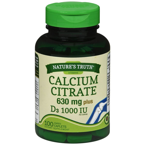 Nature's Truth Calcium Citrate 630 mg Plus D3 1000 IU Dietary Supplement Caplets - 100 TB