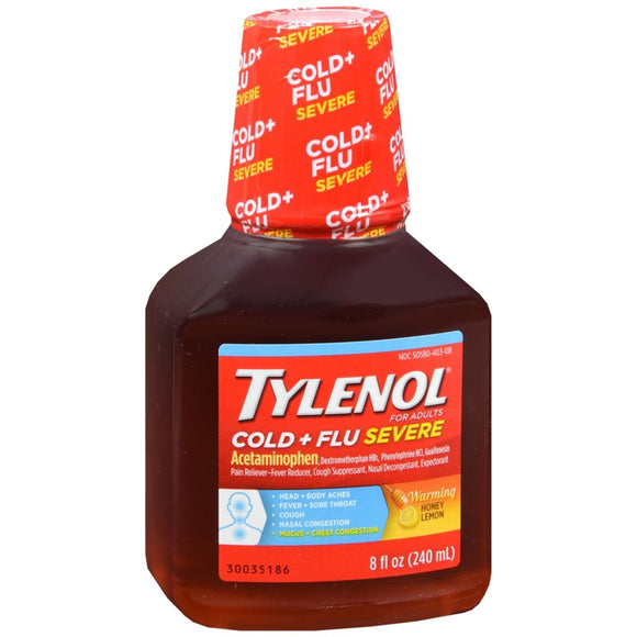 TYLENOL Cold + Flu Severe Liquid For Adults Warming Liquid Honey Lemon - 8 OZ