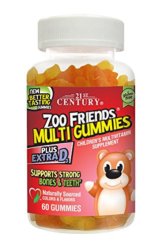 21st Century Zoo Friends Multi Gummies Plus D3, Orange/Lemon/Cherry, 60 Count - Buy Packs and Save (Pack of 5)