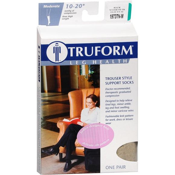 TRUFORM Leg Health Trouser Style Support Socks Moderate 10-20 mmHg Knee High Length Tan Medium 1973TN-M 1 PR