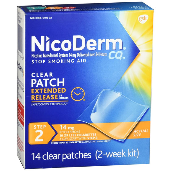 NicoDerm CQ Nicotine Transdermal System Clear Patches Step 2 14 mg - 14 EA