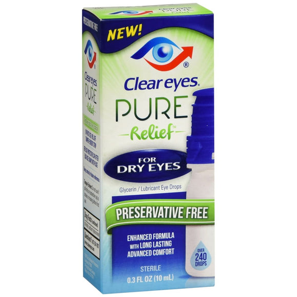 Clear Eyes Pure Relief Glycerin/Lubricant Eye Drops For Dry Eyes - 0.3 OZ