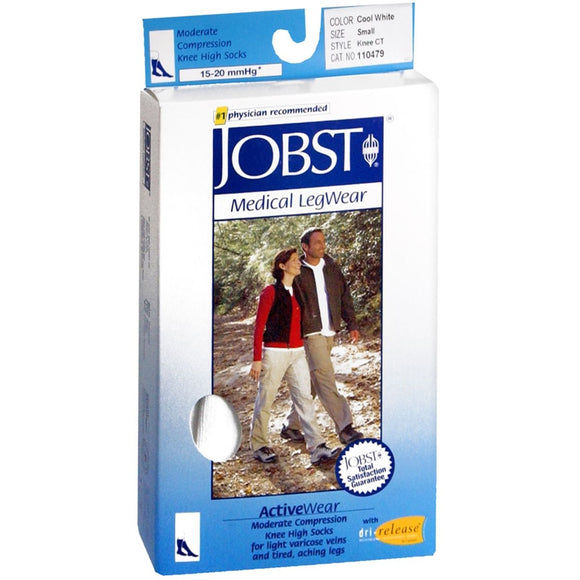 JOBST ActiveWear Knee High Socks Moderate Compression Closed Toe Cool White Small - 1 PR