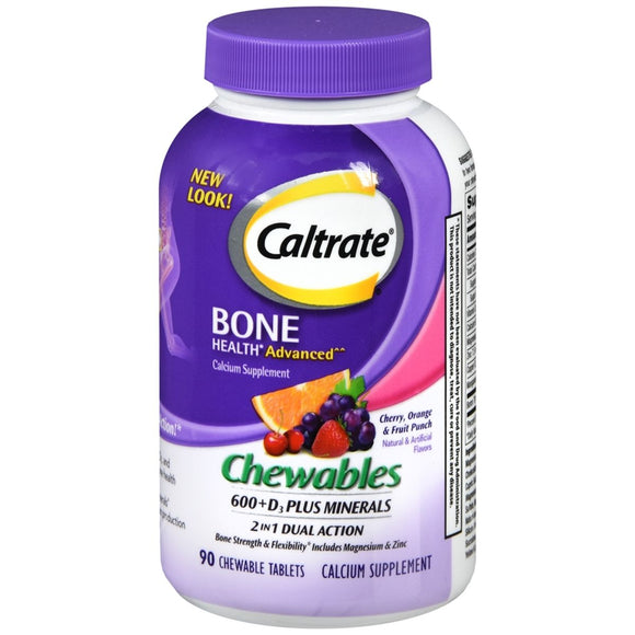 Caltrate Bone Health Advanced Calcium Chewables Tablets Cherry, Orange & Fruit Punch - 90 TB