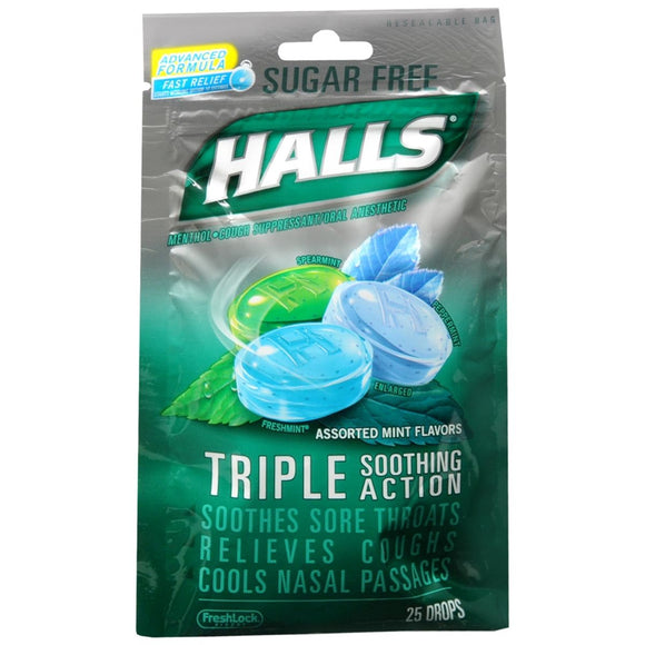 Halls Mentho-Lyptus Cough Drops Sugar Free Assorted Mint Flavors - 25 EA