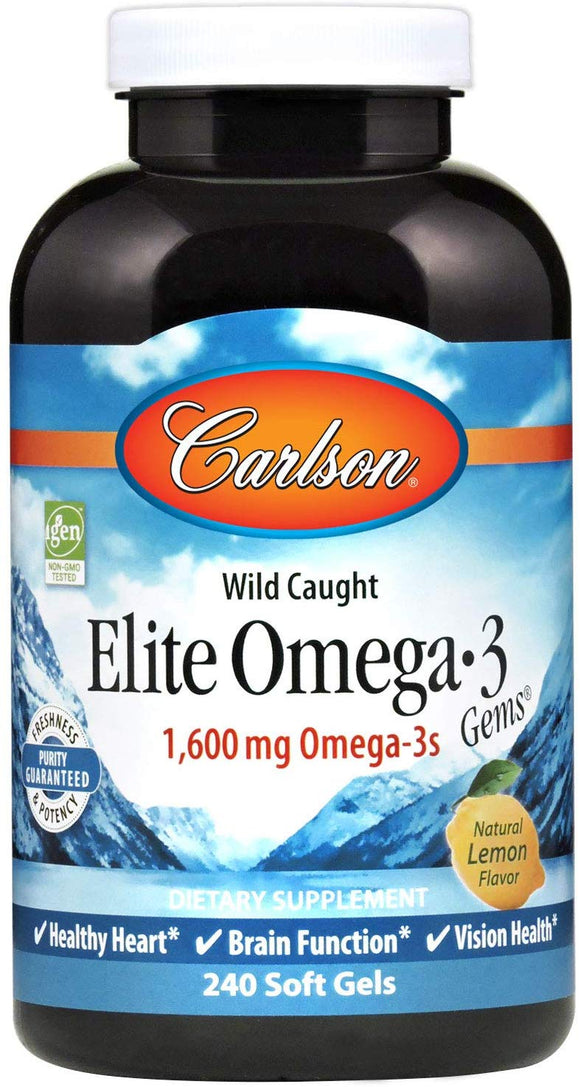 Carlson - Elite Omega-3 Gems, 1600 mg Omega-3s, Heart, Brain & Vision Support, Wild Caught, Orange, 240 Soft gels