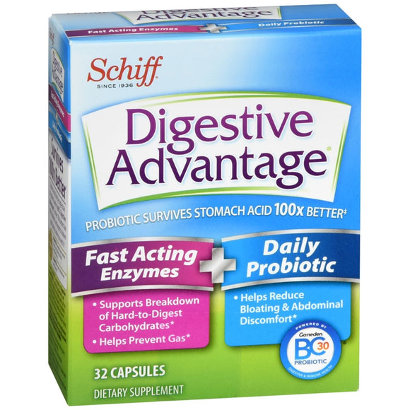 Schiff Digestive Advantage Fast Acting Enzymes + Daily Probiotic Capsules - 32 CP