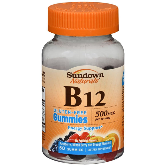 Sundown Naturals B12 Gummies - Raspberry, Mixed Berry & Orange Flavored 500 mcg 50 Gummies