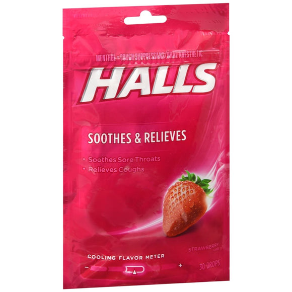 Halls Menthol Cough Suppressant/Oral Anesthetic Drops Strawberry - 30 EA
