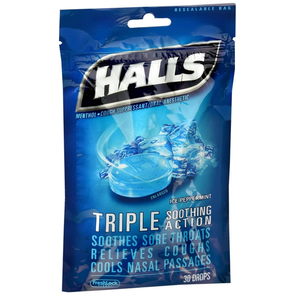 Halls Menthol Cough Suppressant Drops Ice Peppermint - 30 EA