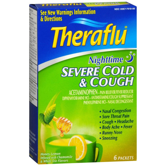 Theraflu Nighttime Severe Cold & Cough Packets Honey Lemon Infused with Chamomile & White Tea Flavors - 6 EA