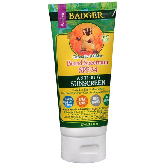 Badger Active Anti-Bug Sunscreen Broad Spectrum SPF 34 Citronella & Cedar - 2.9 OZ