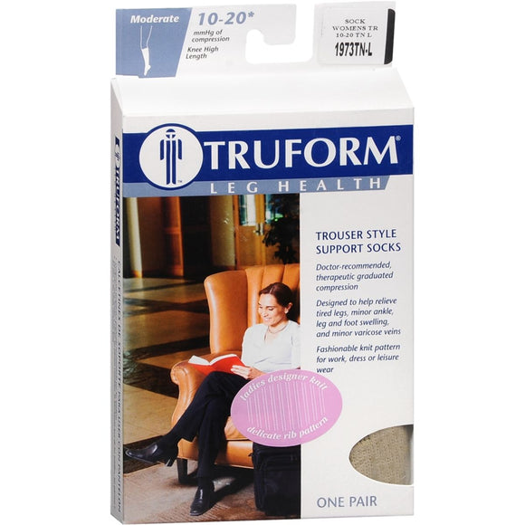 TRUFORM Leg Health Trouser Style Support Socks Moderate 10-20 mmHg Knee High Length Tan Large 1973TN-L 1 PR