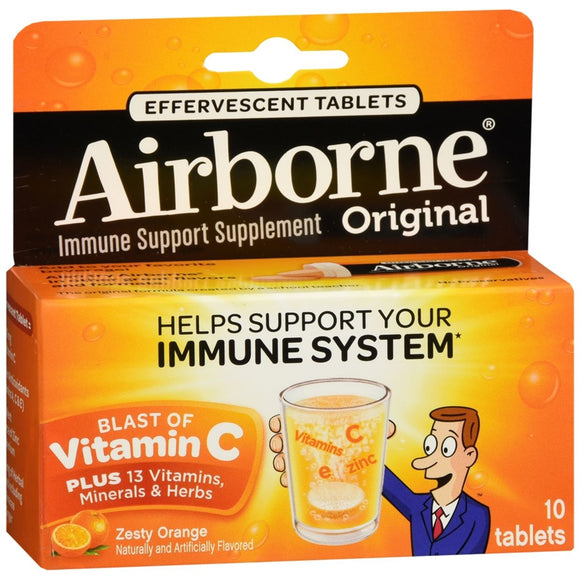 Airborne Original Immune Support Supplement Effervescent Tablets Zesty Orange - 10 TB