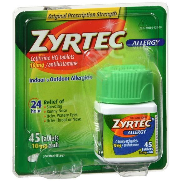 Zyrtec Allergy 24 Hour 10 mg Tablets Original Prescription Strength - 45 TB