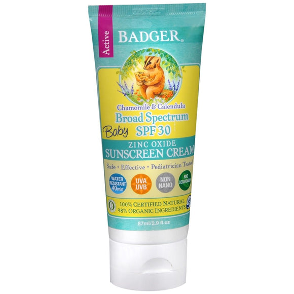 Badger Active Zinc Oxide Sunscreen Cream Baby SPF 30 Chamomile & Calendula - 2.9 OZ