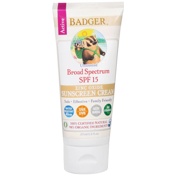 Badger Zinc Oxide Sunscreen Cream SPF 15 Unscented - 2.9 OZ