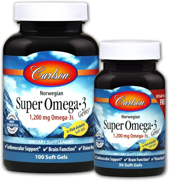 Carlson - Super Omega-3 Gems, 1200 mg Omega-3s, Wild Caught, Sustainably Sourced, 100+30 Soft gels