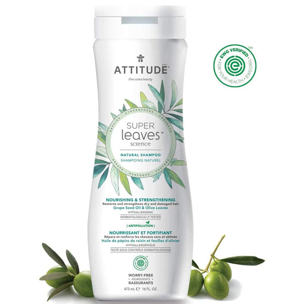 ATTITUDE Natural Shampoo for Dry, Damaged Hair: EWG Verified, Hypoallergenic & Dermatologist Tested - Super leaves Nourishing & Strenghtening (16 oz)