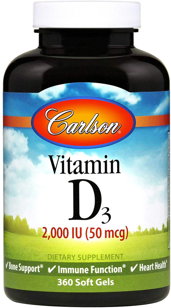 Carlson Vitamin D3 2,000 IU (50 mcg), Cholecalciferol, Bone & Immune Health, 360 Soft Gels