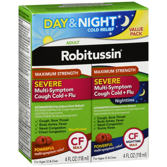 Robitussin Adult Day & Nighttime Severe Multi-Symptom Cough Cold + Flu Liquid - 8 OZ