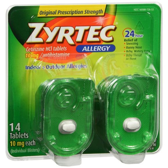 Zyrtec Allergy 24 Hour 10 mg Tablets Original Prescription Strength - 14 TB