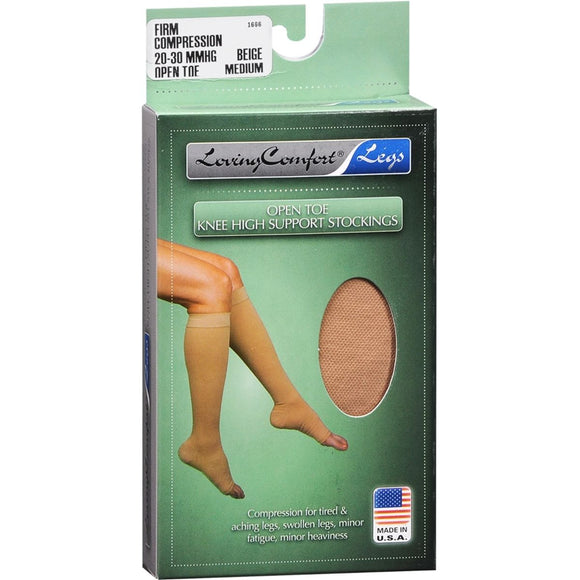 Loving Comfort Support Knee High Stockings Firm Compression Open Toe Beige Large 1 PR