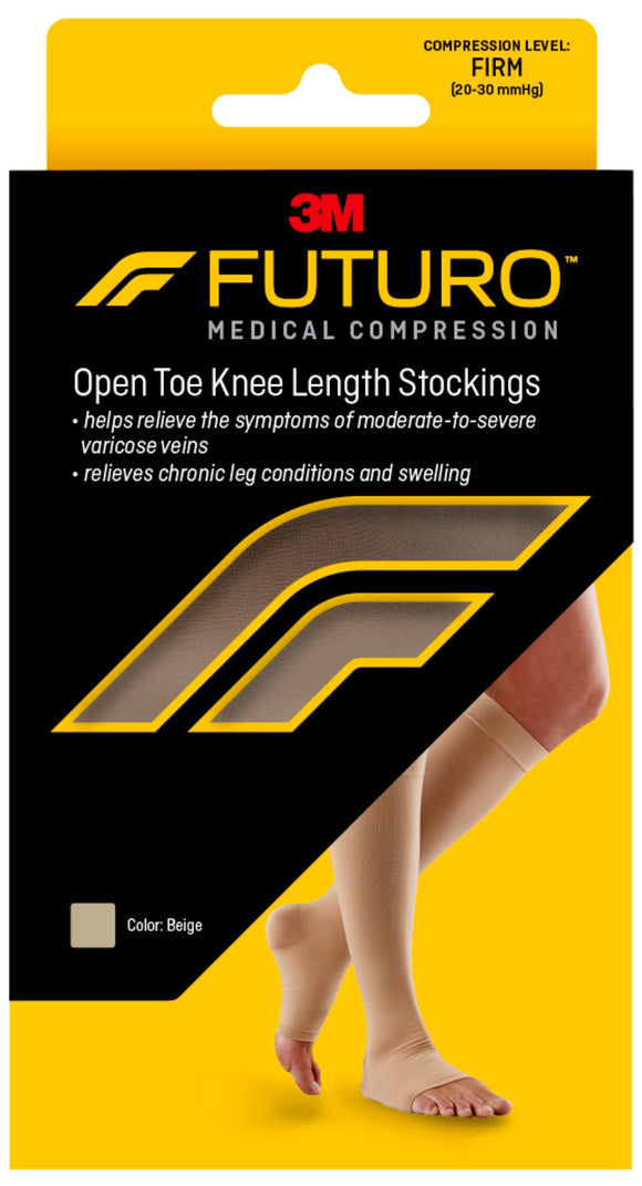 FUTURO Open Toe Knee Length Stockings for Men & Women, Medium, Beige, Firm (20-30 mmHg)