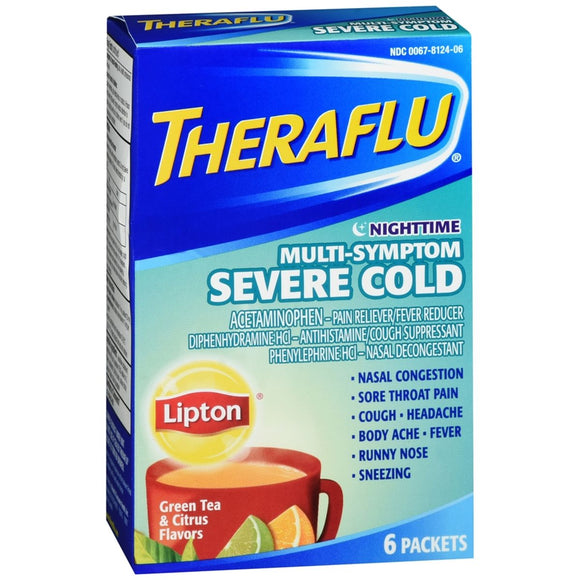Theraflu Nighttime Multi-Symptom Severe Cold Packets Lipton Green Tea & Citrus Flavors - 6 EA