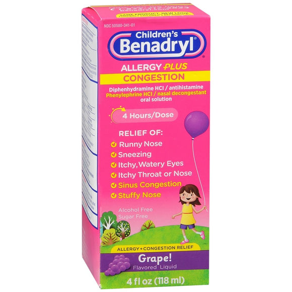 Benadryl Children's Allergy plus Congestion Liquid Grape Flavored - 4 OZ