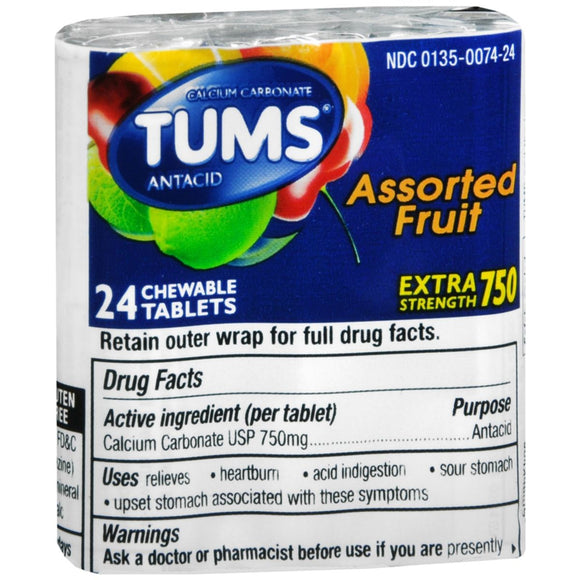 Tums Extra Strength 750 Antacid with Calcium Chewable Tablets Assorted Fruit - 24 TB