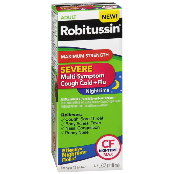 Robitussin Adult Maximum Strength Severe Multi-Symptom Cough Cold + Flu Nighttime Liquid - 4 OZ