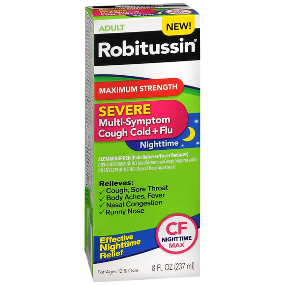 Robitussin Severe Multi-Symptom Cough Cold + Flu Nighttime Liquid Maximum Strength - 8 OZ