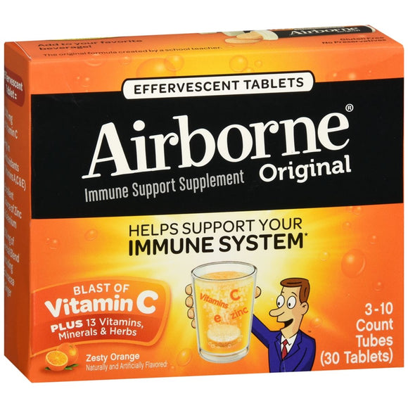 Airborne Original Immune Support Supplement Effervescent Tablets Zesty Orange - 30 TB