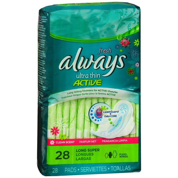 Always Ultra Thin Active Pads Long Super Clean Scent - 28 EA