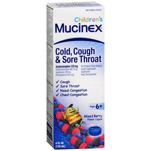 Mucinex Children's Cold, Cough & Sore Throat Liquid Mixed Berry Flavor - 4 OZ