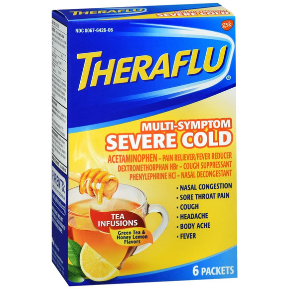 Theraflu Multi-Symptom Severe Cold Packets Lipton Green Tea & Honey Lemon Flavor 6 EA