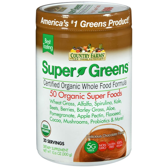 Country Farms Super Greens Certified Organic Whole Food Formula Powder Chocolate Flavor - 10.6 OZ