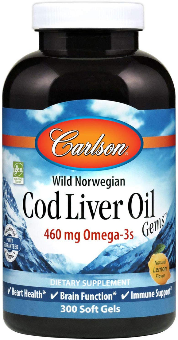 Carlson - Cod Liver Oil, 460 mg Omega-3s, Norwegian, Sustainably Sourced, Lemon, 300 soft gels