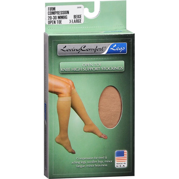 Loving Comfort Support Knee High Stockings Firm Compression Open Toe Beige Large 1 PR