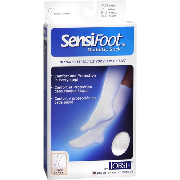 Jobst SensiFoot Unisex Mild Support Knee Style Closed Toe Diabetic Socks Medium White - 1 PR