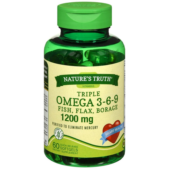 Nature's Truth Triple Omega 3-6-9 Fish. Flax, Borage 1200 mg Quick Release Softgels - 60 CP