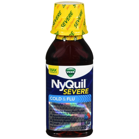 Vicks NyQuil Severe Cold & Flu Nighttime Liquid Berry Flavor - 8 OZ