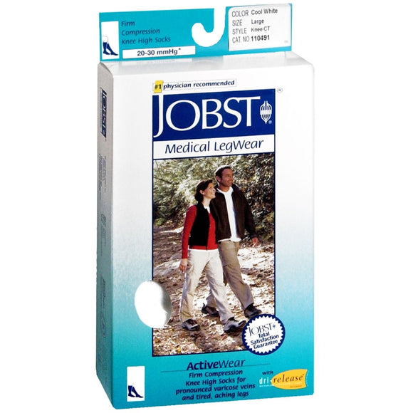 JOBST ActiveWear Knee High Socks Firm Compression Closed Toe Cool White Large - 1 PR