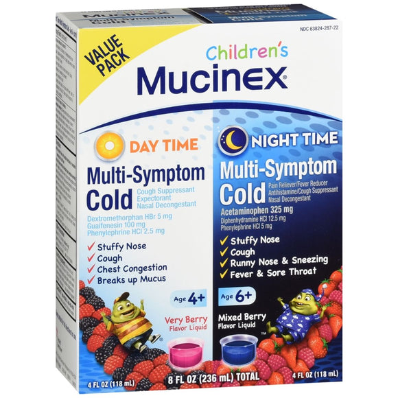 Mucinex Children's Day Time & Night Time Multi-Symptom Cold Liquid Very Berry & Mixed Berry - 8 OZ